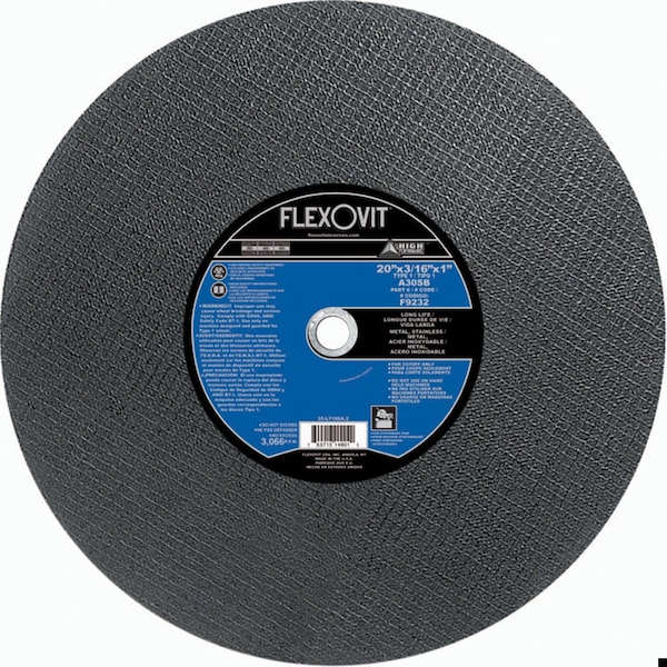 Flexovit HIGH PERFORMANCE Long Life Cut-Off Wheel, 20 in Dia x 3/16 in THK, 1 in Center Hole, 30 Grit, Alumin F9232 - main